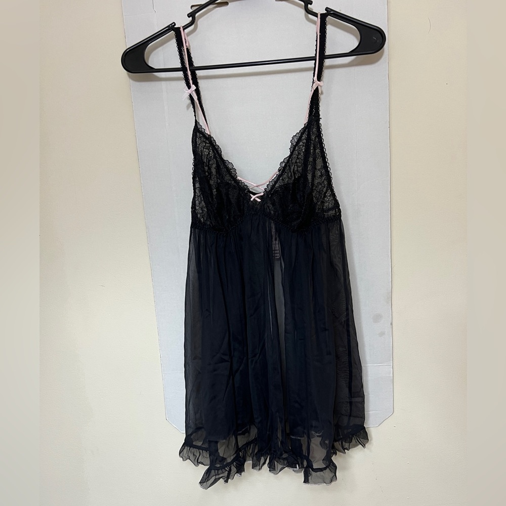 Victoria's Secret Black Lace Sheer Babydoll Nightgown Adjustable Straps L NWT